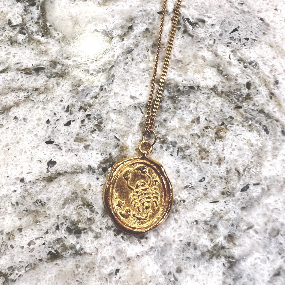 Stilnest Scorpio Zodiac Seal Pendant / Gold Coin Necklace 24k Gold Vermeil